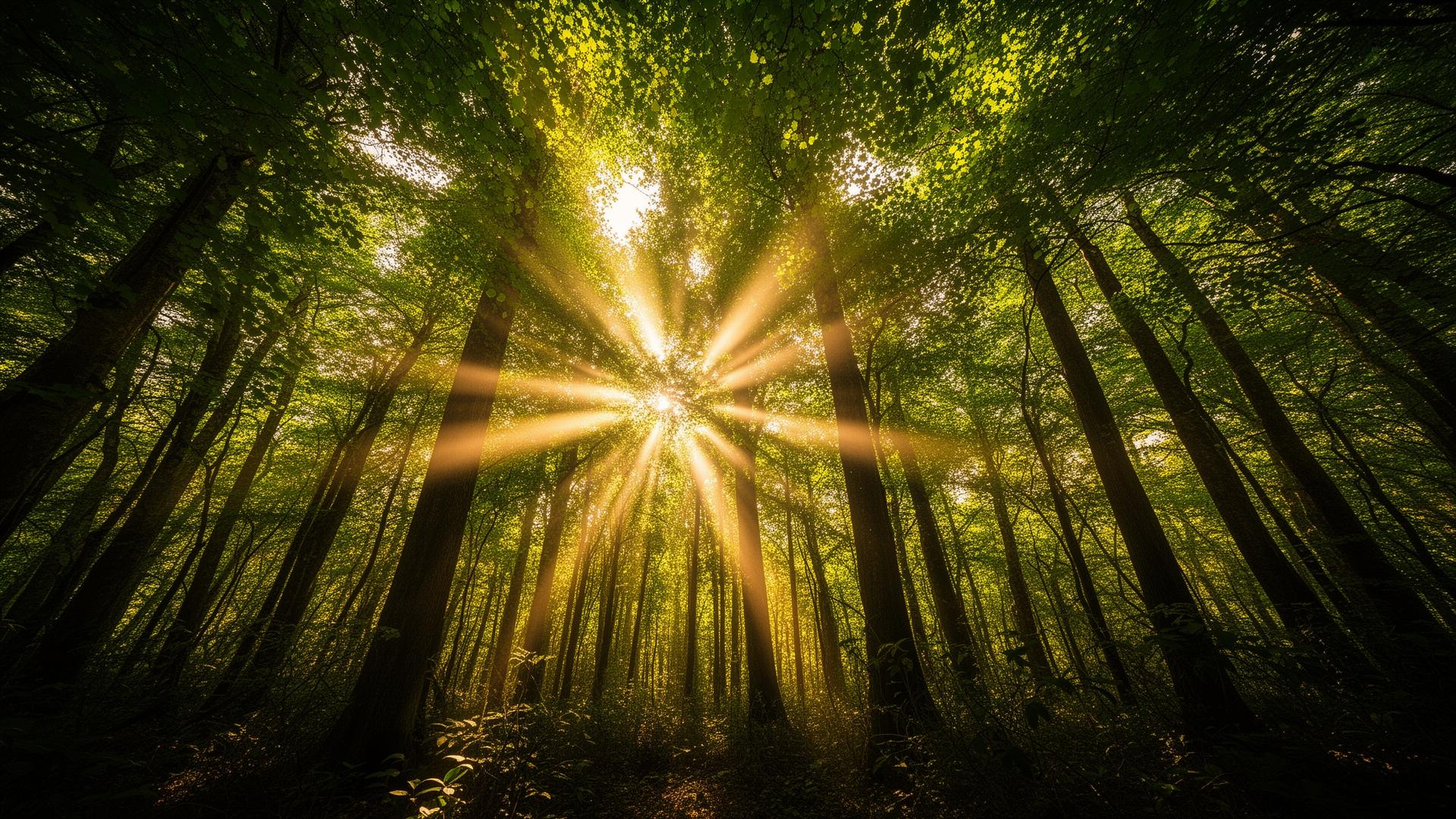 Sunlight streaming through forest canopy